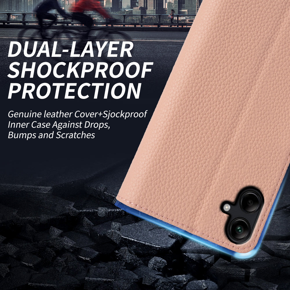 Pouzdro na peněženku pro Samsung Galaxy A04 4G (164,4 x 76,3 x 9,1 mm) Litchi Texture Stojánek na telefon z pravé hovězí kůže Pouzdro na peněženku pro Samsung Galaxy A04 4G (164,4 x 76,3 x 9,1 mm) Litchi Texture Stojánek na telefon z pravé hovězí kůže